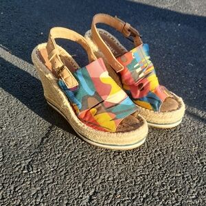 TOMS Multicolor Canvas Espadrille Wedge Sandals - Blue, Yellow, Red, Brown